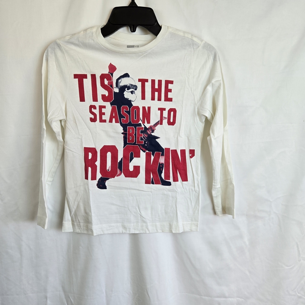 Crazy 8 Boys White Red Rockin Santa Long Sleeve Christmas Graphic School Tee Med